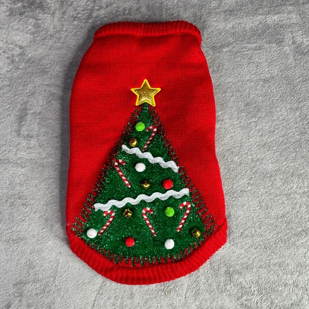 Merry & Bright Christmas Tree Pet Sweater Red Med Jingle Bells Pom Poms Holiday